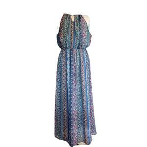 Espresso Halter Bohemian Maxi Dress Womens 2X Tie Back Paisley/Floral Moroccan